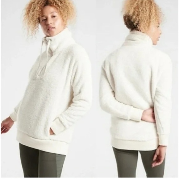 Athleta Talus Sherpa Half Zip Pullover Sweatshirt Teddy Fleece Jacket L Cream 15 - Picture 5 of 13